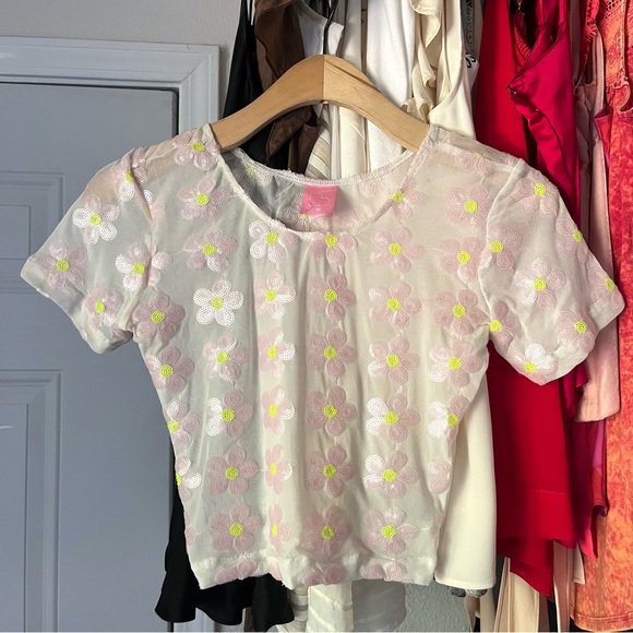 BUNNY HOLIDAY off white knit mesh sheer pink floral sequin cropped